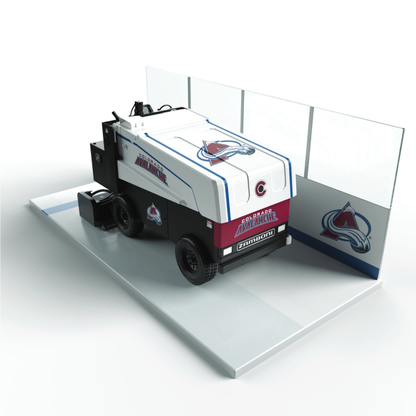 This is a replica of a Zamboni cleaning the ice. The Zamboni is Colorado Avalanche themed, along with the boards they are cleaning along.