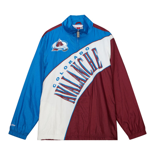 3 colored scheme avalanche windbreaker. Has baby blue as the top layer, white is the mid layer, and burgundy is the bottom layer. Mid layer lettering has Colorado in baby blue & Avalanche with burgundy lettering with blue shadow. Sleeves are two toned, in navy and baby blue. 