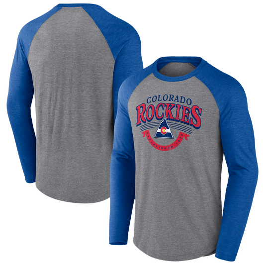 Back and front image of grey shirt with blue sleeves from neck line to wrist. "Colorado Rockies" screenprinted across the front of the chest with Rockies logo. "Established 1976 banner below logo. Back is plain.