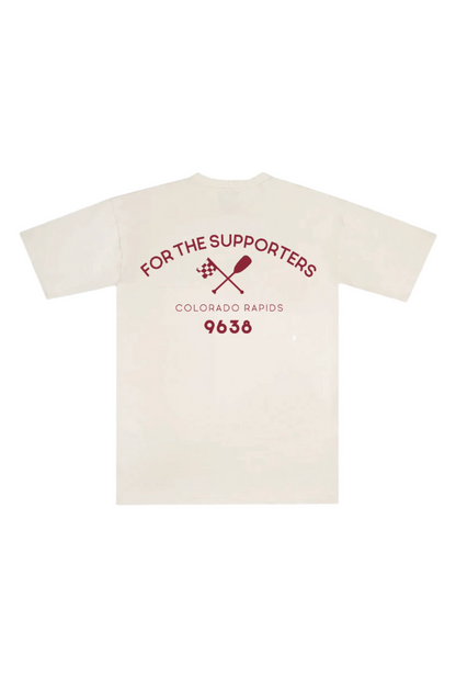 Back of ivory short sleeve with burgundy print "FOR THE SUPPORTERS, COLORADO RAPIDS 9638"