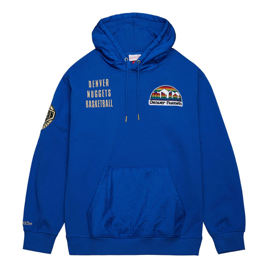 Royal blue Nuggets hoodie with throwback rainbow skyline logo on the left chest and "Denver Nuggets Basketball" written in yellow letters on the right chest.