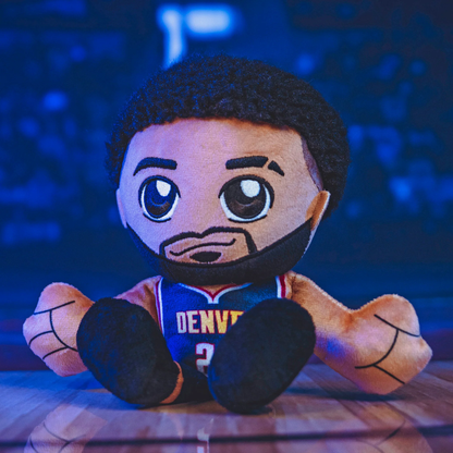 Plush Stuff doll, Murray player with black hair, brown eyes, Navy blue jersey, Denver 27 on front. with black shoe bottoms, sitting posture slight angle.