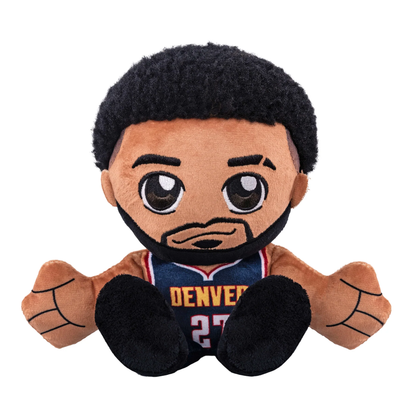 Plush Stuff doll, Murray player with black hair, brown eyes, Navy blue jersey, Denver 27 on front. with black shoe bottoms, sitting posture.