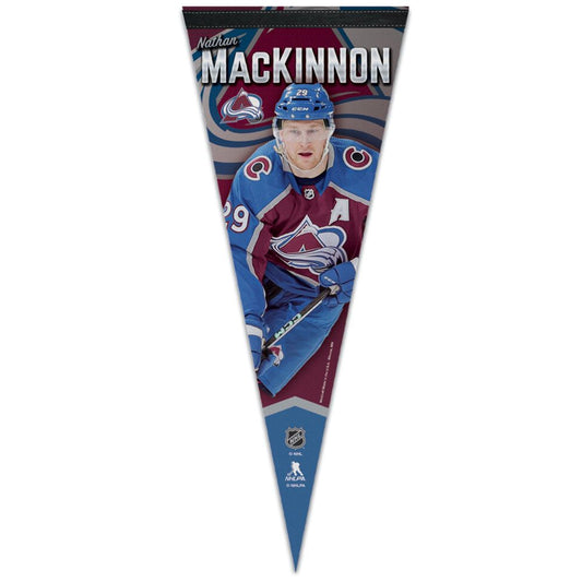 This is pennant of Colorado Avalanche center Nathan Mackinnon. On the top it has his name "Nathan Mackinnon" following with a full body photo of Mackinnon. It has the Avalanche logo enlarged behind him, and he is wearing the Colorado Avalanche primary home jersey which is Burgundy and Blue. He is wearing a blue helmet and gloves, holding his CCM stick.