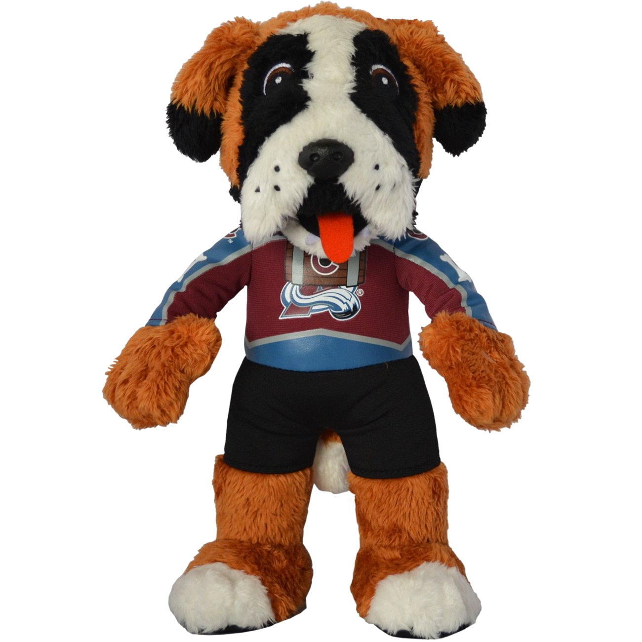 This plush toy is a design of the Colorado Avalanche mascot Bernie. Bernie got that dog in him, as he is a mountain dog. He is wearing the Avalanche Home jersey, which is primarily Burgundy, with blue and white outlines. His number is a dog bone, which is on both arms, and on the back of the Jersey right under his name "Bernie". He is a brown dog with white on his feet, and black and white face spots.