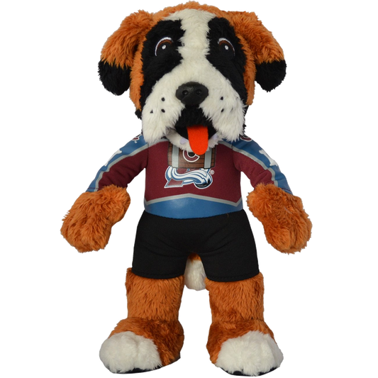 This plush toy is a design of the Colorado Avalanche mascot Bernie. Bernie got that dog in him, as he is a mountain dog. He is wearing the Avalanche Home jersey, which is primarily Burgundy, with blue and white outlines. His number is a dog bone, which is on both arms, and on the back of the Jersey right under his name "Bernie". He is a brown dog with white on his feet, and black and white face spots.