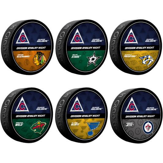 This puck set contains 6 pucks, one for each of our major division rivals. They are half and half designed pucks, with the upper half being the Avs dark blue alternate logo. On the bottom half of each puck, it has 6 of the different teams the avs compete in a division with. The Blues, Stars, Wild, Predators, Blackhawks and Jets are all included. It says "Division Rivalry Night" in the middle of both teams.