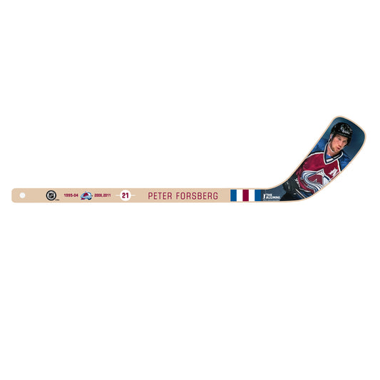 Wooden Mini Hockey stick with retired Avalanche player Peter Forsberg on the blade of the stick. On the shaft it has his retired number "21" his name, and the length of both of his tenures as a Colorado Avalanche from 1995-2004, and 2008-2011.