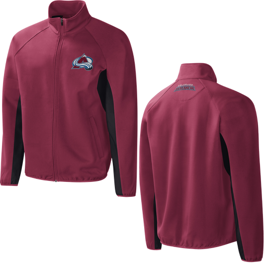 Front and back image of Avalanche burgundy full-zip jacket with mock collar. Front showing full color embroidered Avalanche logo on left chest, slash pockets and black on the inside of arm from the armpit to wrist. Back showing small "Colorado Avalanche" just below the neck between the shoulders.