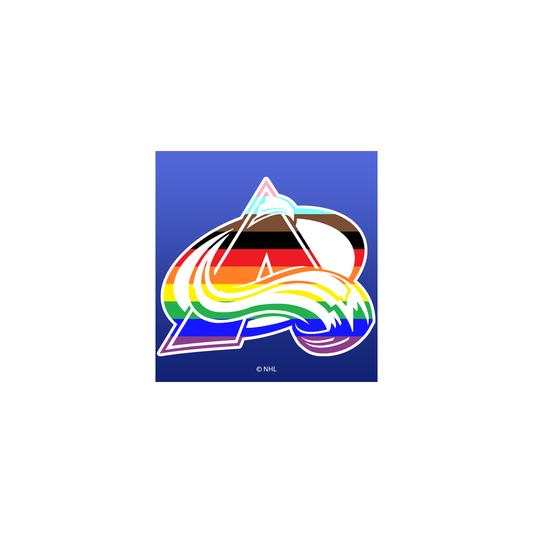 This Avalanche Lapel pin, is the avs primary logo, with the LGBTQIA+ colors striped across the logo.