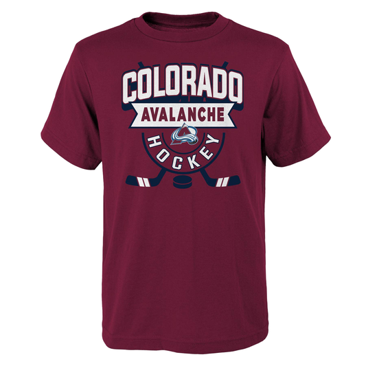 Burgundy tee shirt with "Colorado Avalanche Hockey" written on the front. "Colorado" is written in blocky white letters with blue borders. "Avalanche" is written in burgundy letters on a white banner. "Hockey" is written in white letters arranged in a concave semi circle outlined in blue. A hockey stick comes out of semi circle on the left and right sides, with a blue hockey puck in between them. It also contains an Avalanche logo between the words "Avalanche" and "Hockey" in the middle of the shirt.